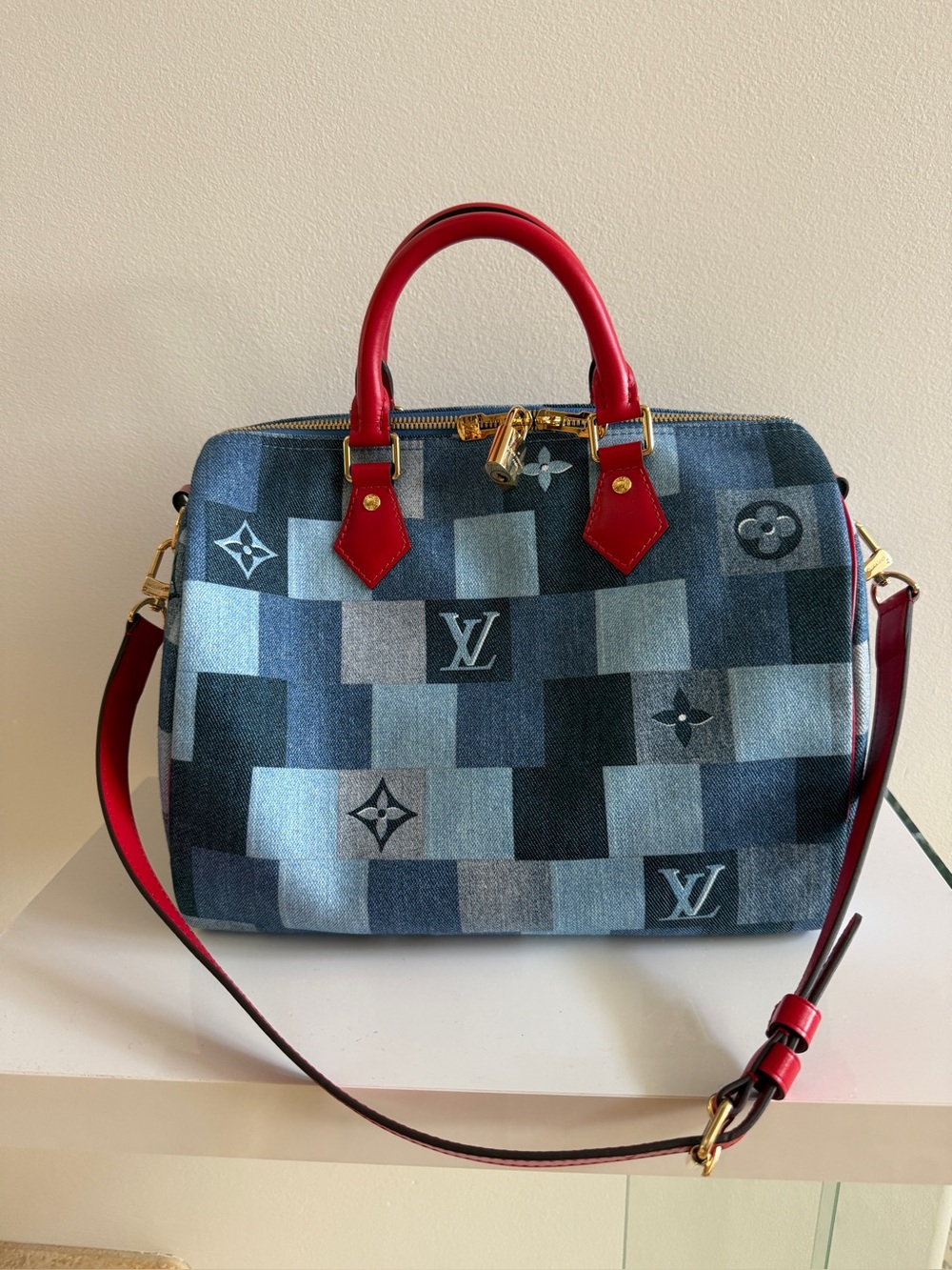LOUIS VUITTON  Monogram Patchwork Denim Speedy Bandouliere 30 Bag Handbag